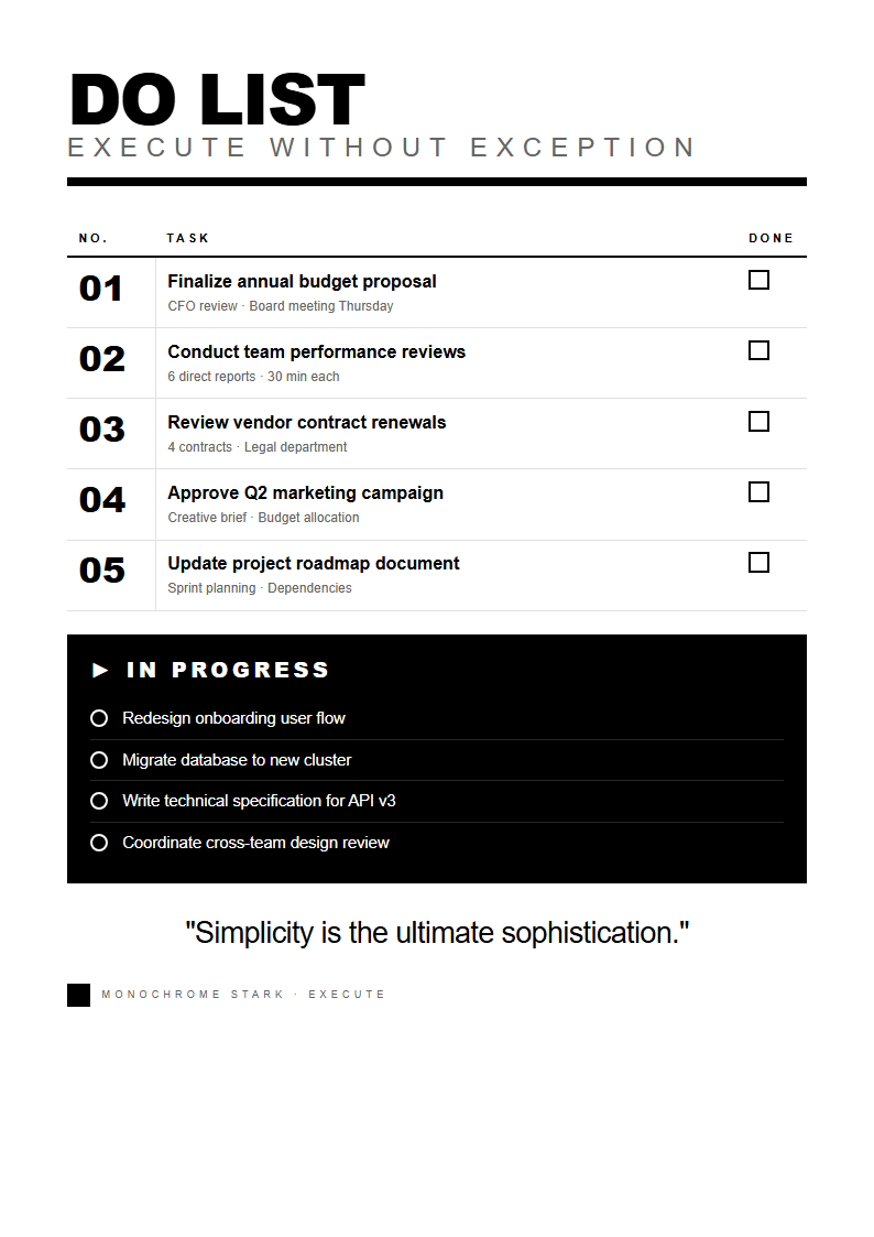 Monochrome stark to do list with bold contrast